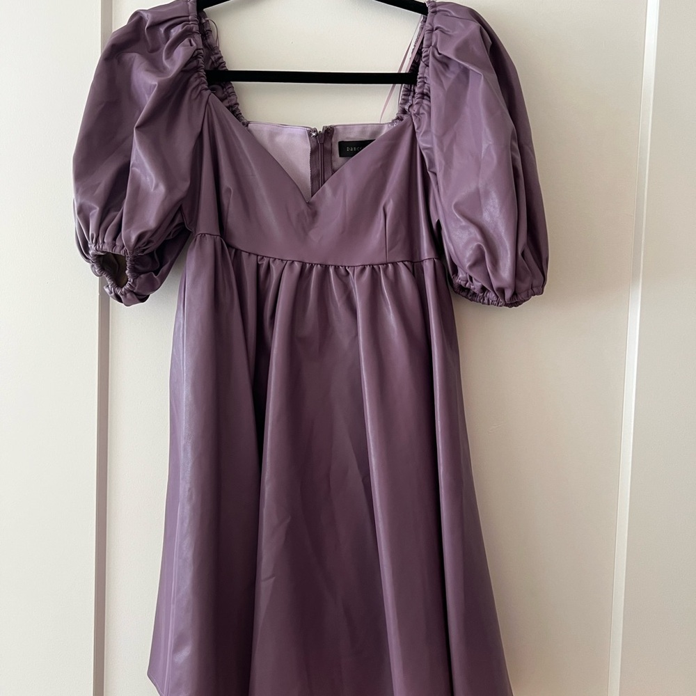 Purple Puff Sleeve Babydoll Pleather Dress